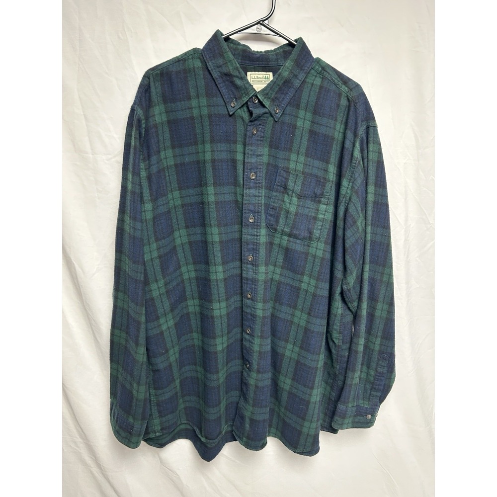 LL BEAN Flannel Shirt Mens XXL Tall Green Plaid Tartan Black Watch Scotch VTG